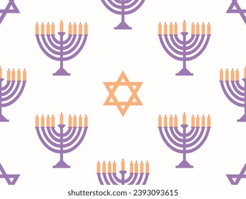 Hanukkah seamless pattern with Menorah with nine candles and stars of David. Lighted Hanukkah candles. Design of greeting cards, banners and promotional products. Vector illustration