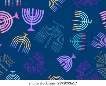 Hanukkah seamless pattern with Menorah with nine candles. Lighted Hanukkah candles. Design of greeting cards, banners and promotional products. Vector illustration