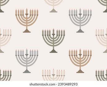 Hanukkah seamless pattern with Menorah with nine candles. Lighted Hanukkah candles. Design of greeting cards, banners and promotional products. Vector illustration