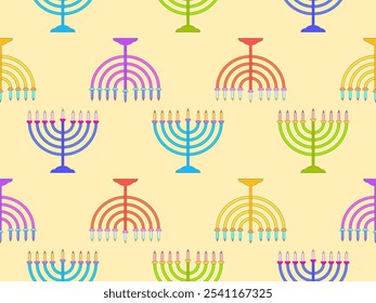 Hanukkah nahtloses Muster mit Menorah mit neun Kerze. Jüdischer Festivalhintergrund für Broschüren, Banner und Packpapier. Vektorgrafik