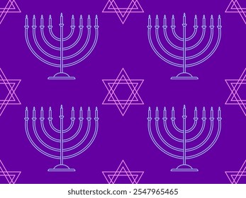 Hanukkah seamless pattern with menorah with nine candle and Star of David. Nine lit Hanukkah candles. Design for invitation flyers, brochures and promotional items. Vector illustration