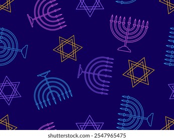 Hanukkah nahtloses Muster mit Menorah mit neun Kerze und Stern von David. Neun zündeten Hanukka-Kerzen an. Design für Einladungsflyer, Broschüren und Werbeartikel. Vektorgrafik