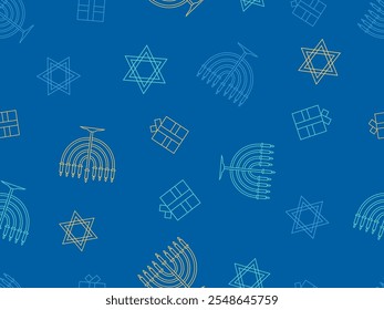 Hanukkah nahtloses Muster mit Menorah mit neun Kerze und Stern von David. Neun zündeten Hanukka-Kerzen an. Design für Einladungsflyer, Broschüren und Werbeartikel. Vektorgrafik