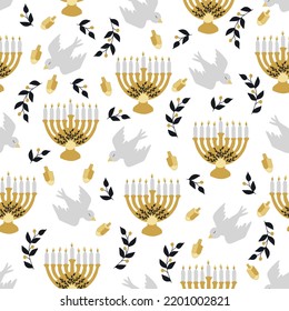 Hanukkah Seamless Pattern With Menorahs Birds And Dreidel. Perfect For Wrapping Paper, Greeting Cards, Wallpaper. Jewish Holidays. Vector Illustration