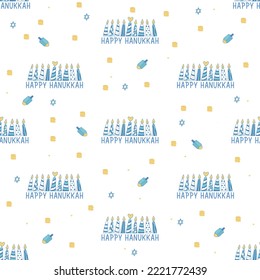 Hanukkah Seamless Pattern With Menorahs, Dreidel And Stars Of David. Perfect For Wrapping Paper, Greeting Cards, Wallpaper. Jewish Holidays.