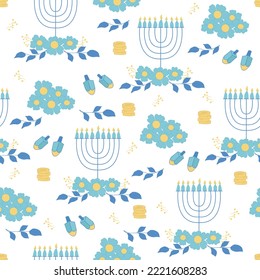 Hanukkah seamless pattern with menorahs, dreidels and flowers. Perfect for wrapping paper, greeting cards, wallpaper. Jewish holidays. Vector illustration