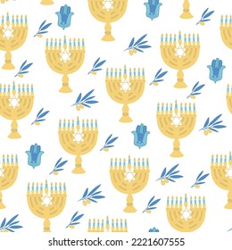 El Hanukkah se caracteriza por un patrón ininterrumpido con menorahs y ramas de aceitunas. Perfecto para envolver papel, tarjetas de felicitación, papel pintado. Festividades judías. Ilustración del vector