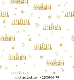 Hanukkah seamless pattern with menorahs and stars of David. Perfect for wrapping paper, greeting cards, wallpaper. Jewish holidays.