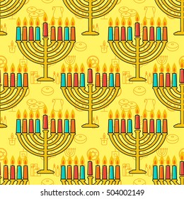 Hanukkah seamless pattern. Hanukkah symbols. Hanukkah candles and menorah. Vector illustration for Jewish holiday Hanukkah.