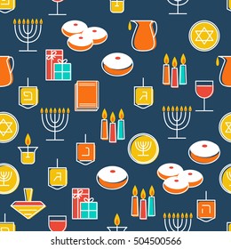 Hanukkah seamless pattern. Hanukkah symbols. Hanukkah candles, menorah and donuts. Vector illustration for Jewish holiday Hanukkah.