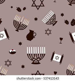 Hanukkah seamless pattern. Symbols and candles, menorah and donuts. Seamless pattern with Hanukkah symbols. Vector illustration for Jewish holiday.