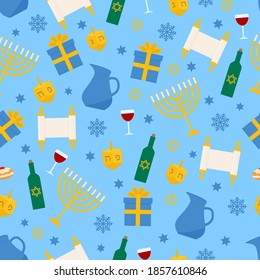 Hanukkah seamless pattern with traditional Jewish symbols: dreidel, Menorah candle, jar, star of david, etc.  Jewish  vector background. Template for greeting card, fabric, textile, scrapbooking, etc.