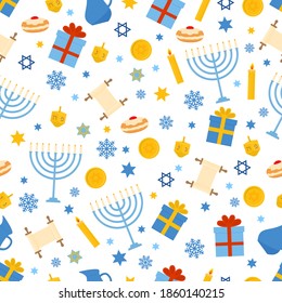 Hanukkah seamless pattern with traditional Jewish symbols: dreidel, Menorah candle, jar, star of david, etc.  Jewish  vector background. Template for greeting card, fabric, textile, scrapbooking, etc.