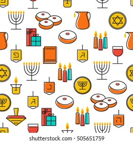 Hanukkah seamless pattern.Jewish Holiday Hanukkah symbols. Menorah (candlestick), candles, donuts, gifts, dreidel, coins, oil. Happy Hanukkah in Hebrew. Vector illustration