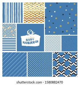 Hanukkah seamless patterns collection. Blue backgrounds with polka dots, lines, zigzag, chevron and golden stars (magen david). Happy Hanukkah typography on gift box silhouette, symbolic menora image.