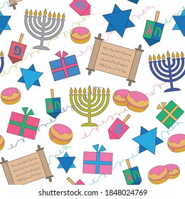 Hanukkah seamless vector pattern with holiday menorah, Torah, star of David, dreidel, gifts and serpentine on white background. Design for wrapping paper, fabric printing, holiday card, poster, flyer.