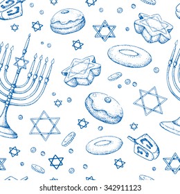 Hanukkah. Seamless vector pattern. Israel festival of light. Vector illustration. Hand drawn. Menorah, sweets, dreidel. Holiday background.