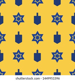 Hanukkah seamless vector pattern.  This pattern uses the Star of David, dreidels, and menorahs in a fun way. Great for packaging, wrapping paper, cards, stationary, and other holiday materials. 