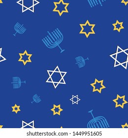 Hanukkah seamless vector pattern.  This pattern uses the Star of David, dreidels, and menorahs in a fun way. Great for packaging, wrapping paper, cards, stationary, and other holiday materials. 