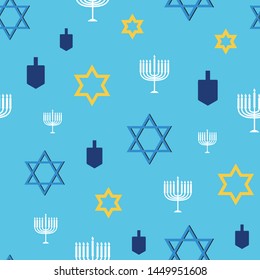 Patrón vectorial sin fisuras de Hanukkah.  Este patrón usa la Estrella de David, dreidels, y menorahs de una manera divertida. Excelente para embalaje, papel de envoltura, tarjetas, material estacionario y otros materiales de vacaciones. 