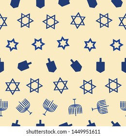 Hanukkah seamless vector pattern.  This pattern uses the Star of David, dreidels, and menorahs in a fun way. Great for packaging, wrapping paper, cards, stationary, and other holiday materials. 