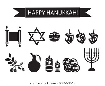 Hanukkah set black silhouette icons. Chanukah outline, silhouette Icons with Menorah, Torah, Sufganiyot, Olives and Dreidel.Festival of Lights, symbol. Vector illyustration