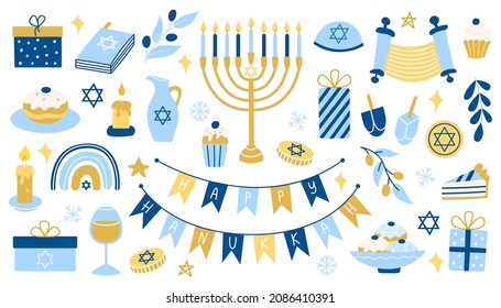 Hanukkah set. Collection of vector colorful flat Hanukkah symbols with menorah, coins, donuts.