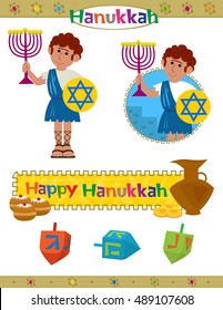 Hanukkah Set - Cute Hanukkah set with happy Hanukkah banner,dreidels and a Maccabeus soldier holds a menorah. Eps10 