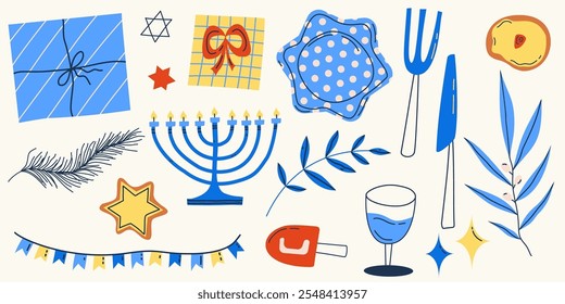 Hanukkah set elements for holiday. Candle, star and gift for happy hannukah. Vector illustration