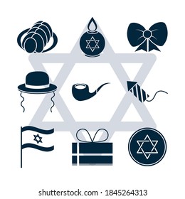 hanukkah, set icons celebration judaism event, flat style vector illustration