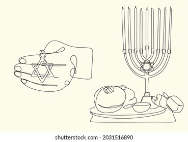 Hanukkah set of line art menorah icon isolated on black background. Religion icon. Hanukkah traditional symbol. Line drawing of jew, jewish symbol