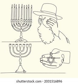 Hanukkah set of line art menorah icon isolated on black background. Religion icon. Hanukkah traditional symbol. Line drawing of jew, jewish symbol