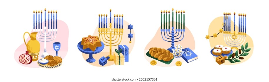 Conjunto de Janucá. Menorá con velas, decoración judía tradicional para la celebración de la fiesta de Hanukka. Candelabros festivos para eventos religiosos hebreos. Ilustración vectorial plana aislada sobre fondo blanco