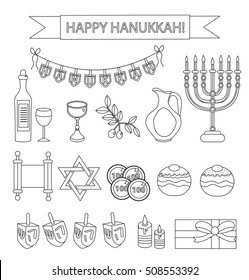 Hanukkah set  with Menorah, Torah, Sufganiyot, Olives and Dreidel. Happy Hanukkah Festival of Lights, Modern  design elements. Vector illustration