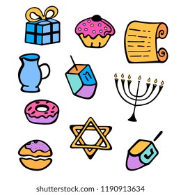 Hanukkah. A set of traditional attributes of the menorah, dreidel, candles, Torah, donuts in a doodle style.