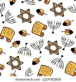 Hanukkah. A set of traditional attributes of the menorah, dreidel, Torah, star of David. Seamless Pattern in a doodle style