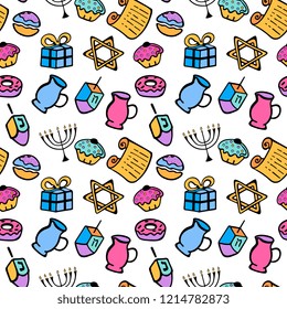 Hanukkah. A set of traditional attributes of the menorah, dreidel, oil, Torah, donut. Seamless Pattern in a doodle style