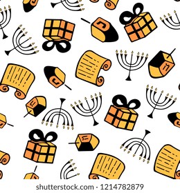 Hanukkah. A set of traditional attributes of the menorah, dreidel, Torah, gift. Seamless Pattern in a doodle style.