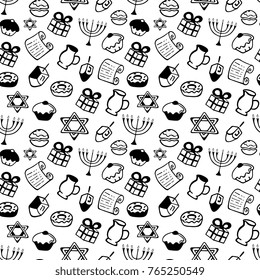 Hanukkah. A set of traditional attributes of the menorah, dreidel, candles, olive oil, Torah, donuts in a doodle style. Seamless Pattern