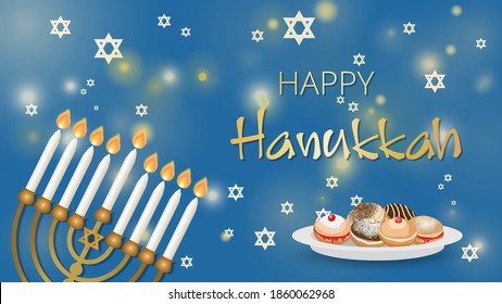 Hanukkah Shining Hintergrund mit Menorah, David Star, tief gebratenen Sufganiyot Donuts, Happy Hanukkah Hintergrund. Traditionelle Chanukah-Symbole einzeln auf Blau. Ideal für Poster, Header-Website. Vektorgrafik