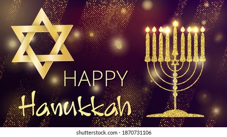 Hanukkah Shining Background with Menorah, David Star. Happy Hanukkah background. Traditional Chanukah symbols isolated on blue. Great for horizontal posters, header website. Vector