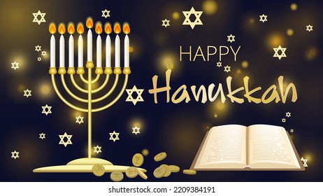 Hanukkah Shining Background with Menorah, David Star on beautiful shining background. Happy Hanukkah traditional Jewish holiday. Great for horizontal posters, header website. Vector illustration