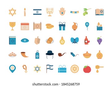 hanukkah, star candle light torah and other traditional items flat style vector illustration