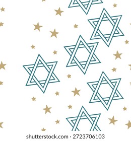 Hanukkah Sterne nahtloses Muster mit zarten hellblauen Tönen und schimmernden goldenen Akzenten für ein festliches fröhliches Design-Konzept als Joyful Hanukkah Sterne Muster mit hellblauen Tönen und schimmernden goldenen Akzenten für eine festliche Atmosphäre in Foto Stock Konzept und leeren Raum auf der linken Seite, kein Text —ar 7:2 —Kachel
