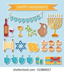 Hanukkah sticker pack. Hanukkah Icons with Menorah, Torah, Sufganiyot, Olives and Dreidel. Happy Hanukkah Festival of Lights, Feast of Dedication flat icons, stickers. Vector illustration