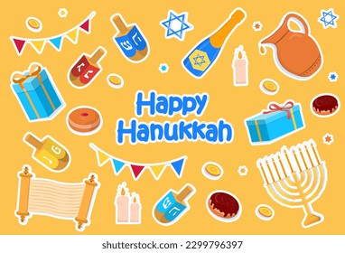 Hanukkah stickers set. Collection of graphic elements for website. Donut, alcohol and wooden sticks with traditional Jewish symbol. Cartoon flat vector illustrations isolated on yellow background