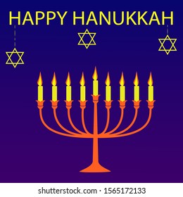 Hanukkah. Stock vector illustration. Can be used  for banner, greetings, postcards. Vector flat illustration of Hanukkah. Symbol candlestick star on blue background.