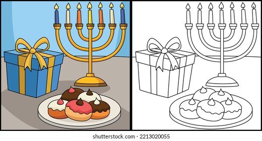 Hanukkah Sufganiyah Gift Coloring Illustration