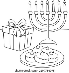 Hanukkah Sufganiyah Gift Menorah Coloring Page 