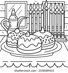 Hanukkah Sufganiyah with Menorah Coloring Page 